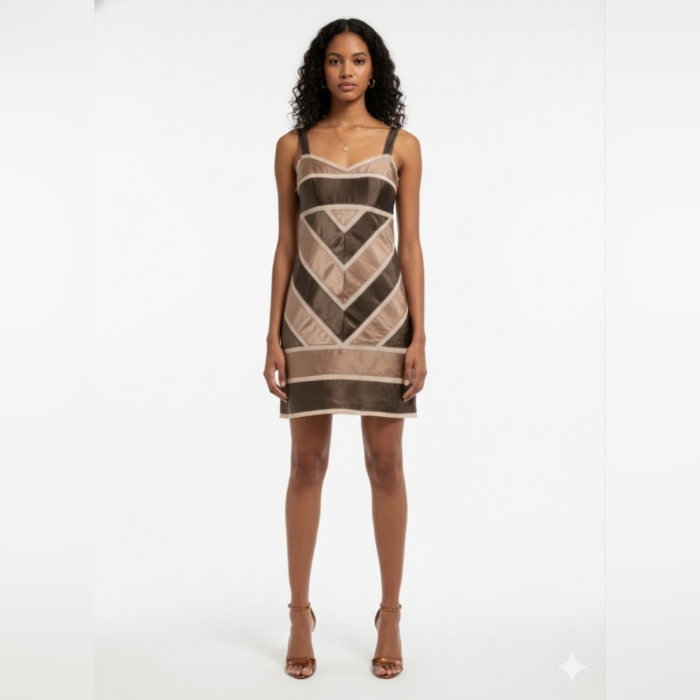 BCBGMAXAZRIA Silk Chevron Patchwork Cocktail Mini Dress